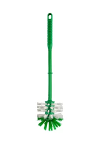 Green toilet brush with a long handle and multi-layered bristles for effective cleaning and hygiene maintenance. Suitable for bathroom cleaning and sanitation.