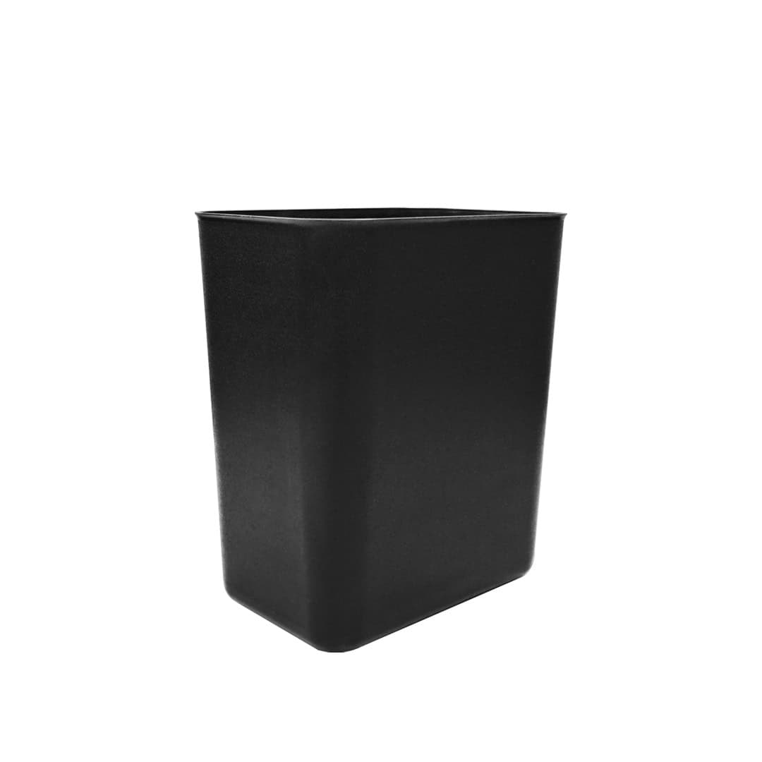 8L-Fire-Retardant-Trash-Bin-Angled-2.jpg Black rectangular waste bin for office or commercial use, durable plastic trash container for waste disposal, modern and sleek design ideal for hygiene and sanitation needs.