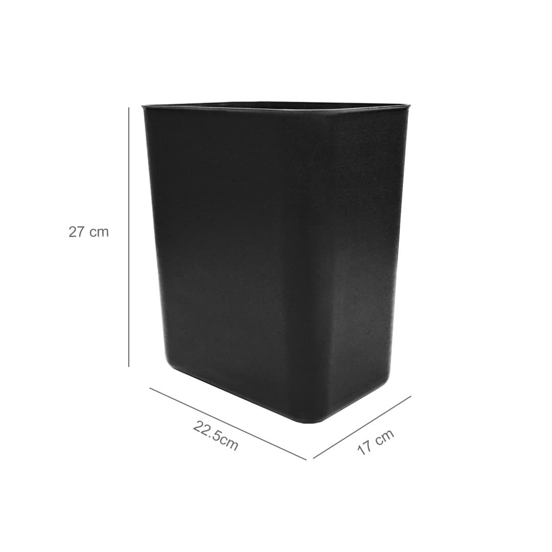 8L-Fire-Retardant-Trash-Bin-Dimensions.jpg Black rectangular trash bin with dimensions 27cm height, 22.5cm width, and 17cm depth for commercial and industrial hygiene use.
