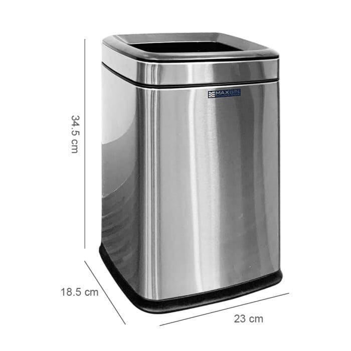 MaxBin stainless steel commercial trash bin with dimensions 34.5 cm x 23 cm x 18.5 cm, ideal for hygiene and waste management.