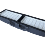 Air purifier filter in black plastic frame, replacement HEPA filter for clean air, suitable for commercial and residential air purifiers, high-efficiency air filtration system.