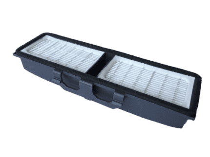 Air purifier filter in black plastic frame, replacement HEPA filter for clean air, suitable for commercial and residential air purifiers, high-efficiency air filtration system.