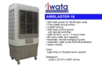 Portable industrial air cooler for large spaces, energy-efficient with adjustable fan speed and remote control, ideal for cooling areas up to 48 sqm, featuring 65L water tank and caster wheels.