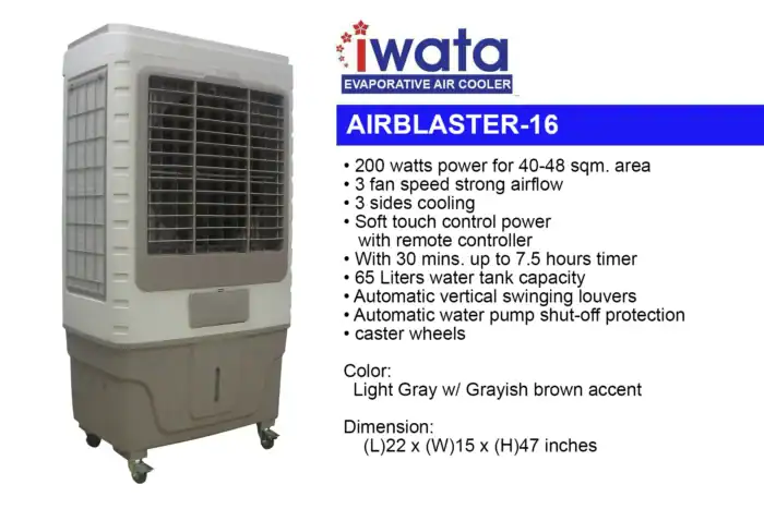 Portable industrial air cooler for large spaces, energy-efficient with adjustable fan speed and remote control, ideal for cooling areas up to 48 sqm, featuring 65L water tank and caster wheels.