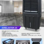 Cooling fan unit, portable air cooler, airblast-25, industrial air conditioning, water tank and manual control knobs, modern air cooling device, high airflow capacity, versatile cooling solution, automatic water pump system, air purifier and cooler, designed for large spaces.