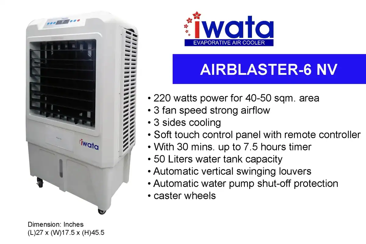 Iwata AIRBLASTER-6-NV Iwata evaporative air cooler Airblaster-6 NV for large spaces, energy-efficient cooling, features multiple fan speeds, remote control, and large water tank for reliable performance.