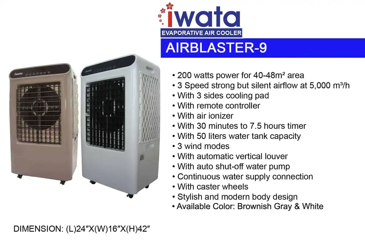Iwata AIRBLASTER-9-WHITE-AND-BROWNISH-GRAY Evaporative air cooler airblaster-9 by Beyond Hygiene Asia, energy-efficient cooling device suitable for 40-48m² spaces, featuring multiple fan modes and modern design for effective climate control.