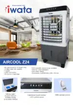 Aircool z24 portable air cooler for commercial and office use in Asia, energy-efficient air conditioning, low water level alarm, remote control, suitable for hygiene and sanitation environments.
