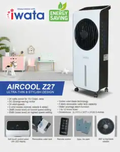 Air cooler Z27 for energy-efficient cooling, featuring vortex wind blade technology, removable water tank, and remote control, ideal for small to medium spaces.