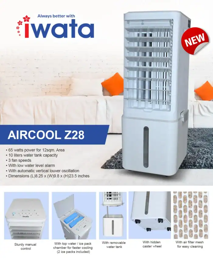 Aircool z28 portable air cooler for efficient indoor cooling, featuring water tank, multiple fan speeds, and low water level alarm; ideal for homes and offices.