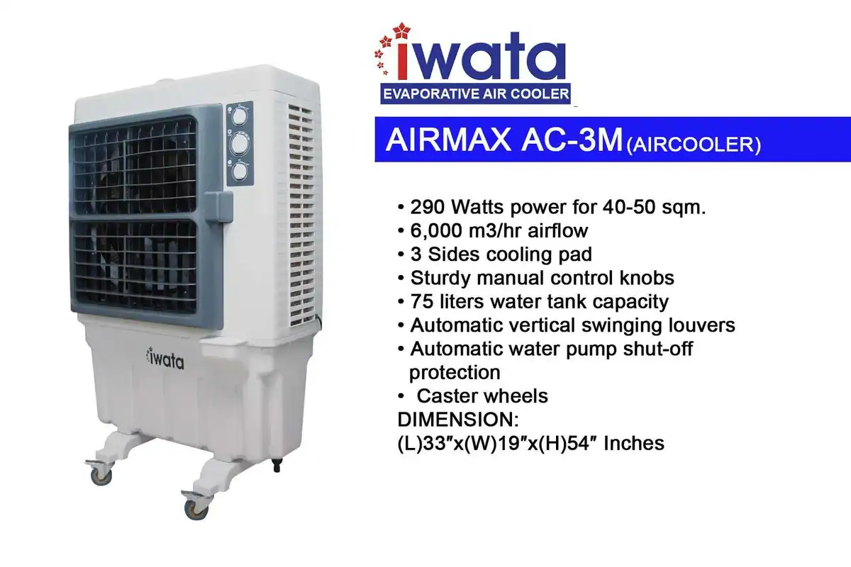 Iwata AIRMAX-AC-3M Portable evaporative air cooler for small to medium spaces, featuring 290W power, 6,000 m3/hr airflow, and water tank capacity of 75 liters, ideal for efficient cooling and ventilation.
