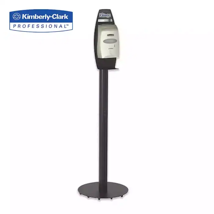Aloe text only: Kimberly-Clark professional hand sanitizer dispenser on a black stand, ideal for hygiene in commercial and healthcare settings.