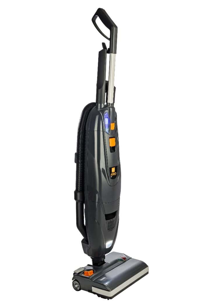 High-efficiency upright vacuum cleaner for commercial cleaning, featuring lightweight design, versatile attachments, and advanced suction power for deep cleaning and hygiene maintenance.