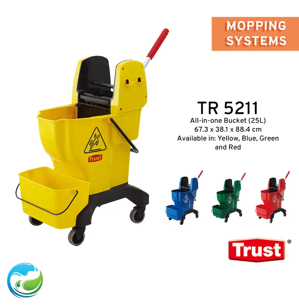 All-in-one Bucket and Wringer (TR5211) Yellow all-in-one janitorial mop bucket with wringer system for commercial cleaning, available in multiple colors.