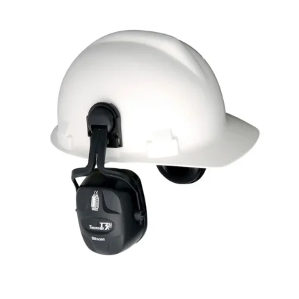 Hard hat with attached hearing protection, safety gear for construction workers, personal protective equipment, industrial safety helmet, workplace safety accessories.