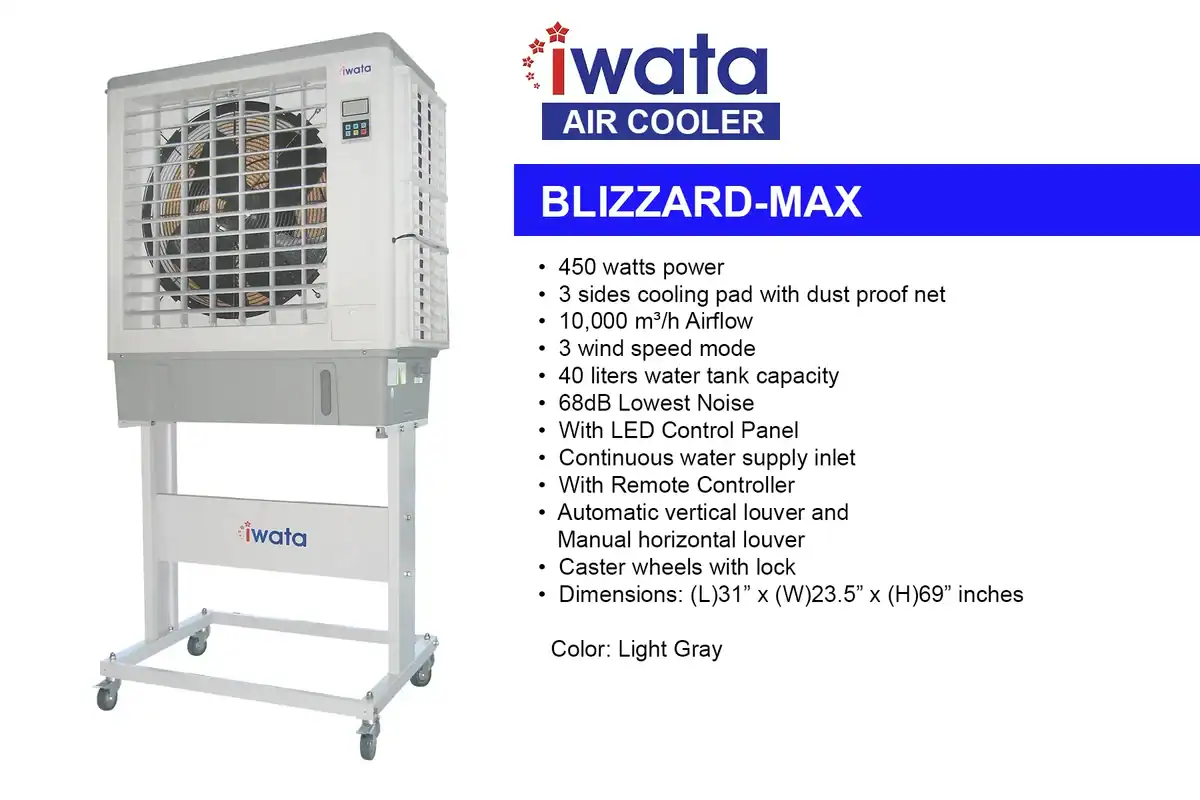 Iwata BLIZZARD-MAX IWata Blizzard-Max Air Cooler for industrial and commercial use, with 450W power, 10,000 m³/h airflow, remote control, and durable design.