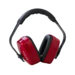 Red wireless Bluetooth headphones, noise-canceling ear protection, stylish audio device for music and calls, suitable for office or outdoor use.