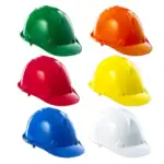 Green, orange, red, yellow, blue, and white safety helmets for industrial and construction workers, emphasizing safety and hygiene standards in Asia.
