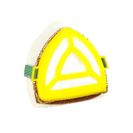 Yellow reflective safety triangle with white reflective stripes for visibility.