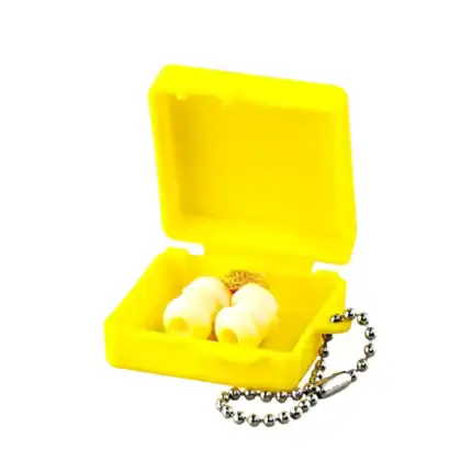 Earplug ear protection case yellow with hearing protection earplugs and ball chain for hygiene and safety.