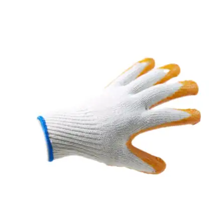 Gloves with orange latex coating and white fabric, used for industrial cleaning and hygiene work.