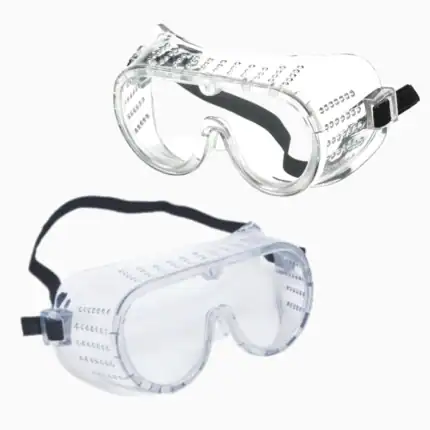 Disposable protective safety goggles for hygiene and safety in medical and industrial environments. Clear, impact-resistant, with adjustable strap for a secure fit. Ideal for health-related workplaces.