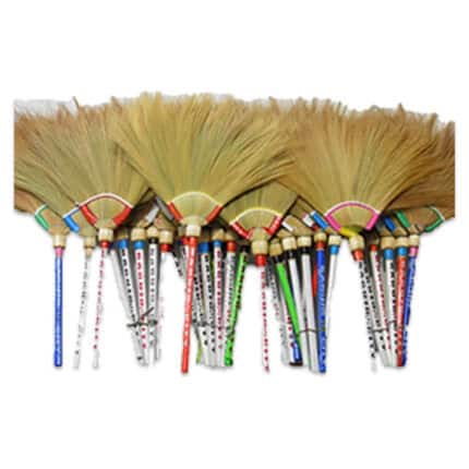 Broomsticks with colorful handles and natural bristles used for cleaning in Asian households and commercial spaces.