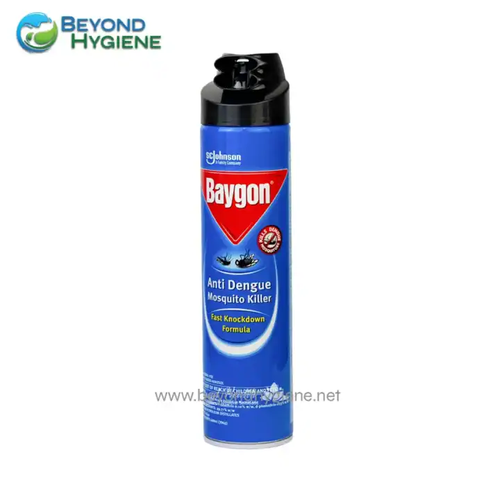 Baygon mosquito spray can for effective anti-dengue mosquito control, featuring fast knockdown formula, ideal for pest removal and protecting homes from mosquito-borne diseases.