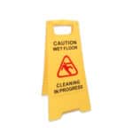Caution wet floor sign for safety and hygiene in commercial cleaning environments.