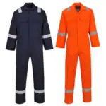 Flame-resistant safety coveralls in navy blue and bright orange with reflective strips, essential protective workwear for industrial, construction, and safety environments.