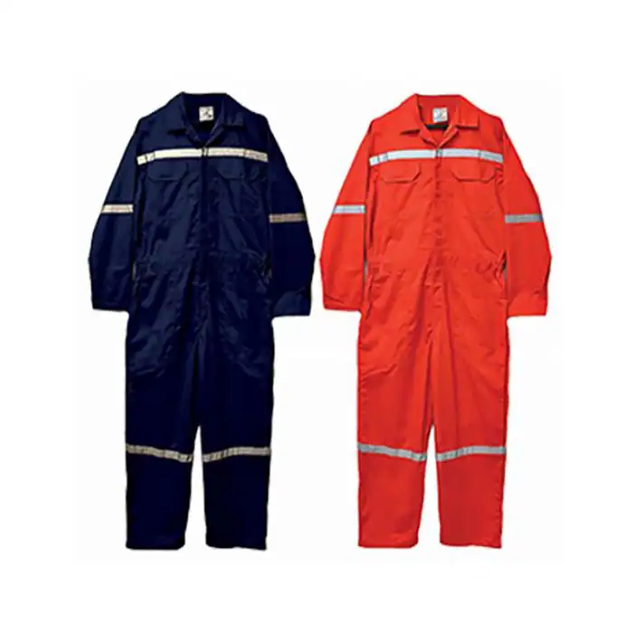 Protective industrial jumpsuits in navy blue and safety orange with reflective strips for hazardous work environments.