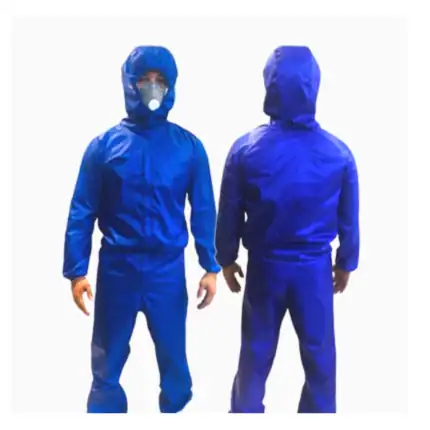 Blue protective hazmat suits with hood and mask for hygiene and safety in industrial cleaning and disinfection environments.