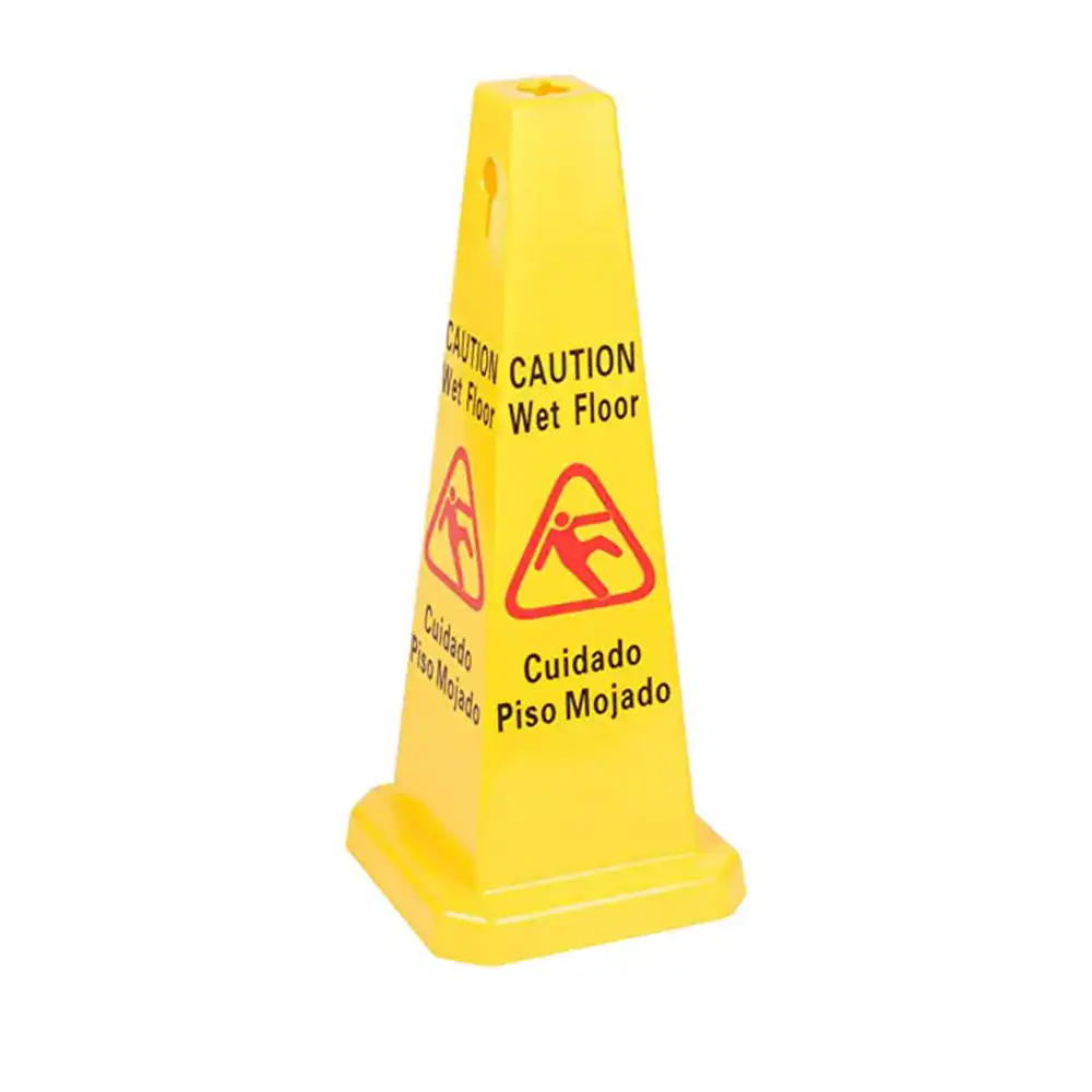 Caution Sign - Cone Type Caution wet floor sign for safety in commercial and public spaces, English and Spanish warnings. Promotes slip prevention and hygiene awareness, ideal for maintaining clean, safe environments in Asia.