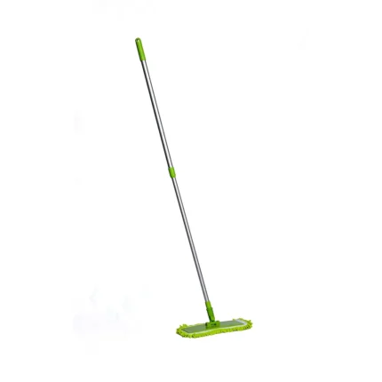 Microfiber flat mop with extendable handle for efficient cleaning and sanitizing floors. Suitable for commercial and residential cleaning, ensuring hygiene and spotless surfaces.