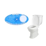 Disinfectant toilet seat cover and white ceramic toilet bowl for hygiene and sanitation. Perfect for commercial and residential bathroom sanitation needs.