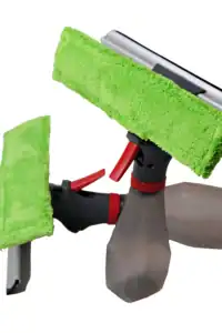 Microfiber cleaning mop with adjustable handle for commercial and industrial cleaning, featuring green microfiber pads for efficient sanitation, hygiene, and surface cleaning.