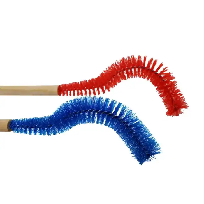 Red and blue toilet brushes with long handles, designed for effective cleaning.