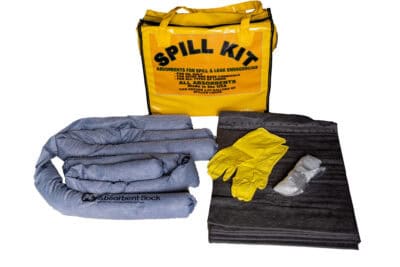 Spill kit with absorbent socks, gloves, and containment mat for spill and leak emergencies, ideal for industrial and chemical facilities.