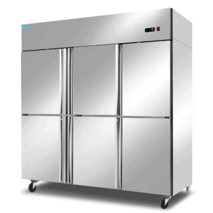 Commercial stainless steel refrigeration unit for industrial food storage.