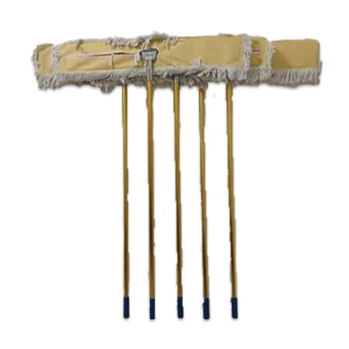 Microfiber janitorial dust mop with adjustable yellow handle, ideal for commercial cleaning and hygiene maintenance.
