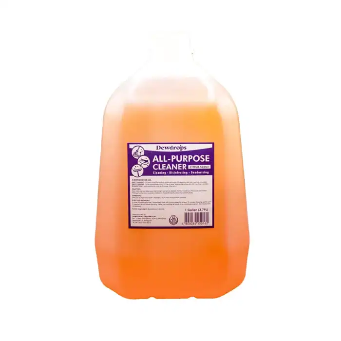 Dewdrops All-Purpose Cleaner with citrus scent, 1-gallon, for cleaning, disinfecting, and deodorizing, ideal for commercial and industrial hygiene purposes.