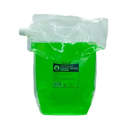 Hand sanitizer refill with green liquid, antibacterial hand wash in a large plastic pouch for hygiene and sanitation. Suitable for commercial and public health use.