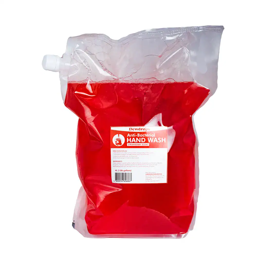 Dewdrops Anti-Bacterial Hand Wash 4L Strawberry Scent Hand sanitizer refill bag with anti-bacterial hand wash, strawberry scent, ideal for hygiene and sanitation, suitable for healthcare and commercial environments.