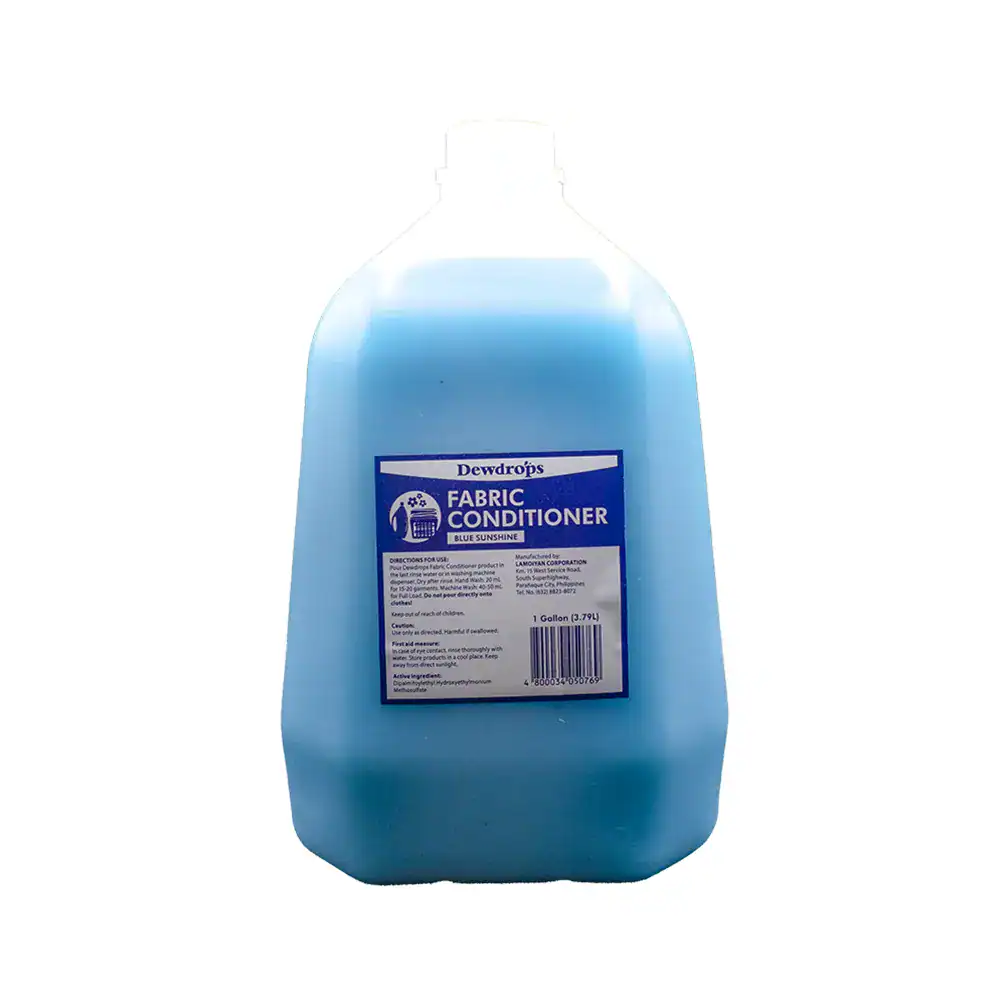 Dewdrops fabric conditioner in a large bottle, blue sunshine scent, suitable for maintaining clean and fresh textiles, ideal for commercial and household laundry use.