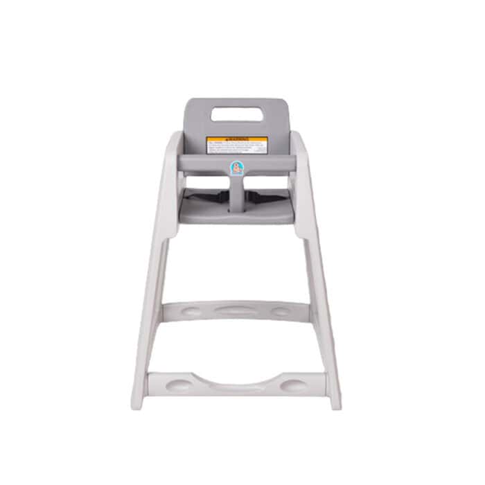 Plastic high chair for babies, safety straps, child-friendly design, durable construction, suitable for modern homes and restaurants.