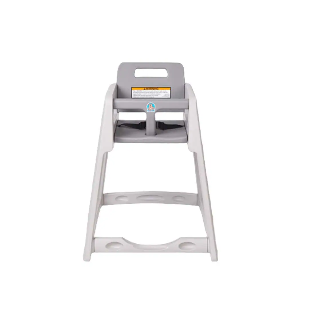 Plastic high chair for babies, safety straps, child-friendly design, durable construction, suitable for modern homes and restaurants.