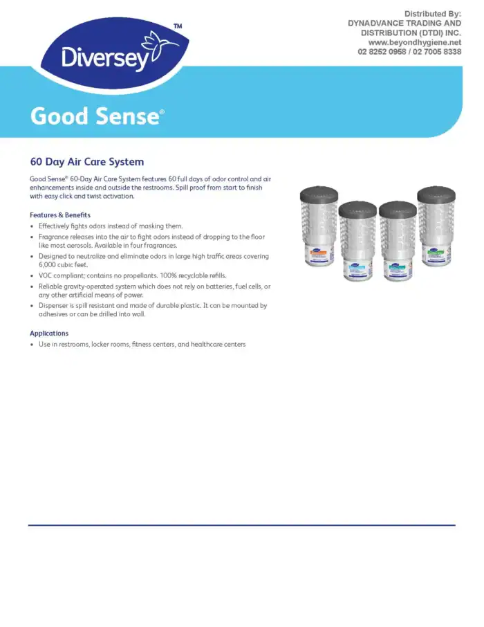 Diversey Good Sense 60-Day Air Care System for odor control and air purification, ideal for restrooms, healthcare centers, and fitness facilities to maintain a fresh environment.