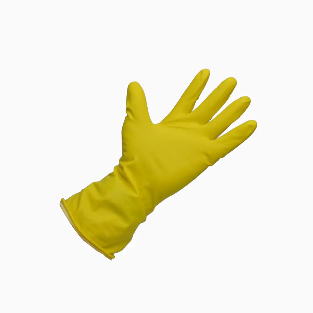 FLOCK LINED HOUSEHOLD GLOVES YELLOW Yellow rubber cleaning glove for hygiene and sanitation cleaning tasks.