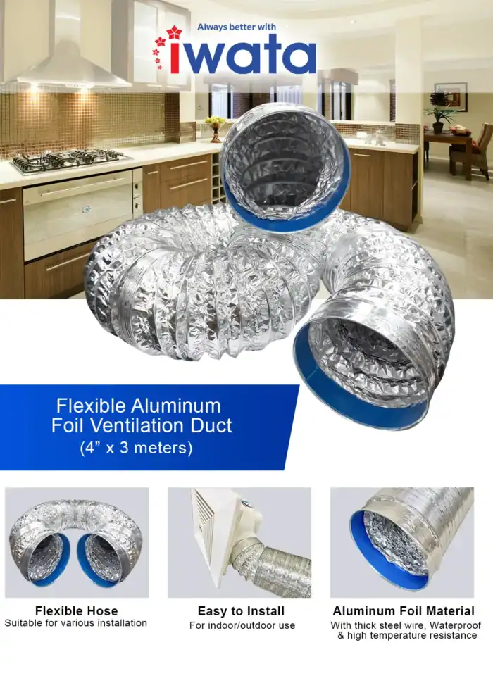 Flexible aluminum foil ventilation duct for clean air exhaust, 4x3 meters, lightweight and durable, ideal for commercial kitchens and HVAC systems, with easy installation.