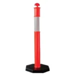 Stakeout cone barrier for safety and traffic control, bright red with black base for high visibility at construction sites or events.